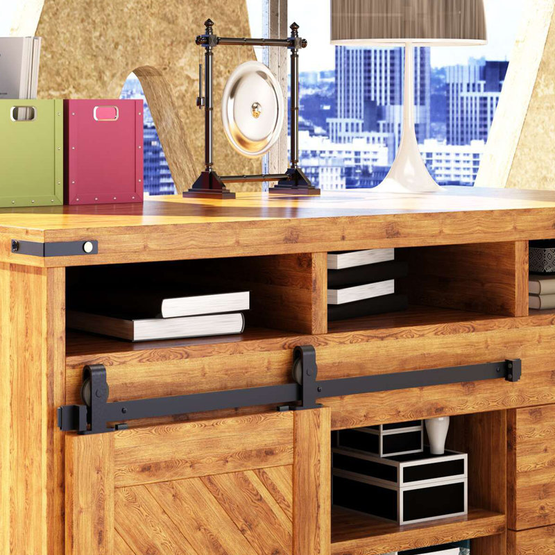 Mini Black Rustic T-Shape Design Non-Bypass Single Track One Door Hardware Kit For Cabinet Use, 102 in.