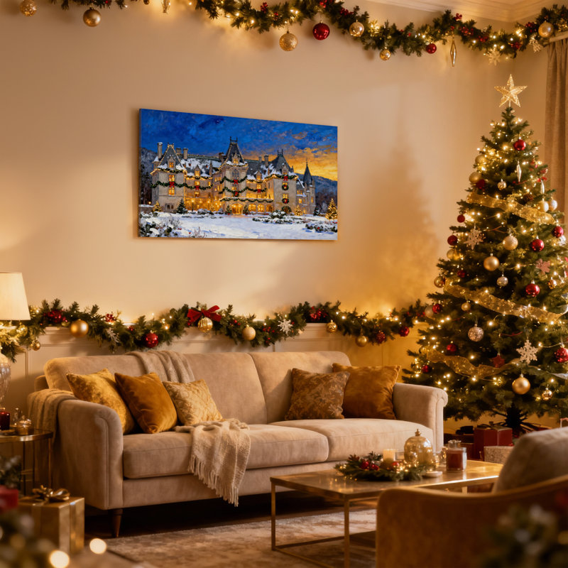 «Christmas Christmas Castle Snowy Evening Lights», ensemble de 3 impressions murales sur toile, H 16 po x l 24 po