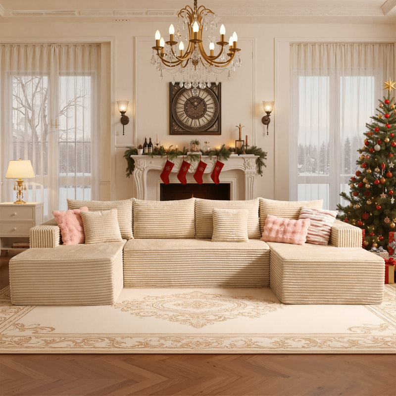Navarrie Boneless 134" U-Shaped Sectional, No Assembly Required Compression Sofa with Dual Chaises, Beige