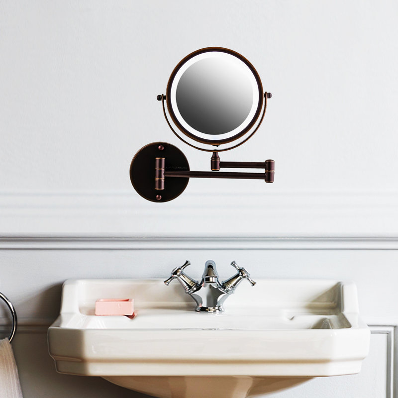 OVENTE 7" Lighted Wall Mount Makeup Mirror with 1X/10X Magnification, Cordless Double Sided Magnifying Round Vanity Mirror, 360° Swivel Design, Extendable and Folding Arm, Antique Bronze MFW70ABZ1X10X