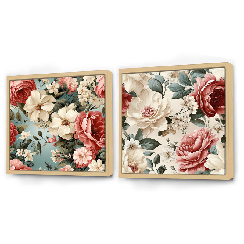 Ensemble de 2 pivoines roses et antiques, H 16 po x l 33 po, Cadre flottant brun