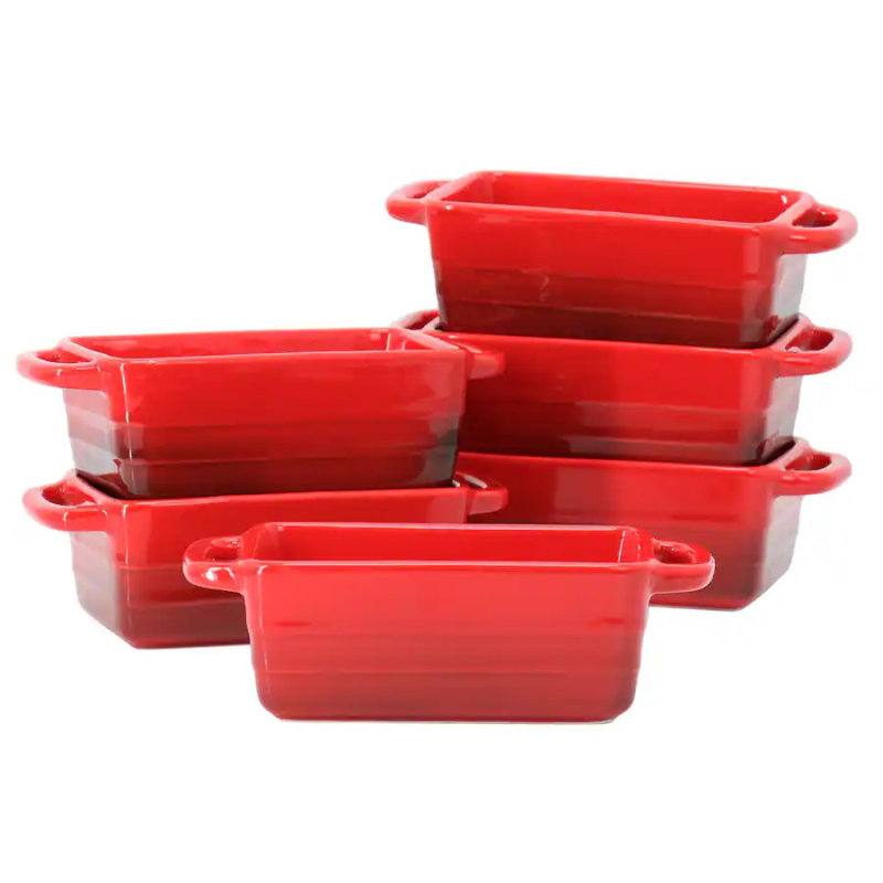6 Piece 12oz Stoneware Mini Loaf Pan Set, Oven Safe Bakers, Gradient Red