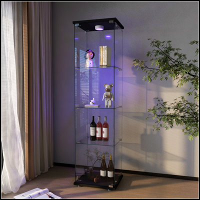 Vitrine moderne en verre avec lumières DEL, assemblage rapide, verre trempé, 1 porte, 4 tablettes, noir, idéale pour le salon et les chambres à coucher