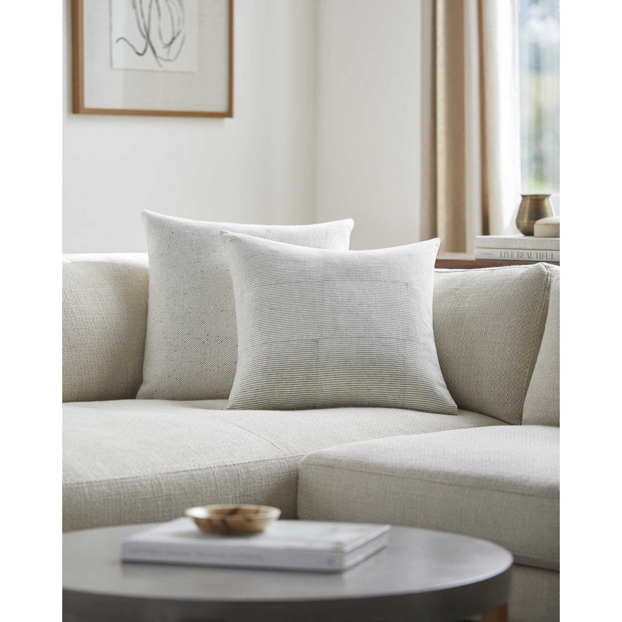 Vischer Striped Linen Throw Pillow, Down, 18" x 18", Light Sage