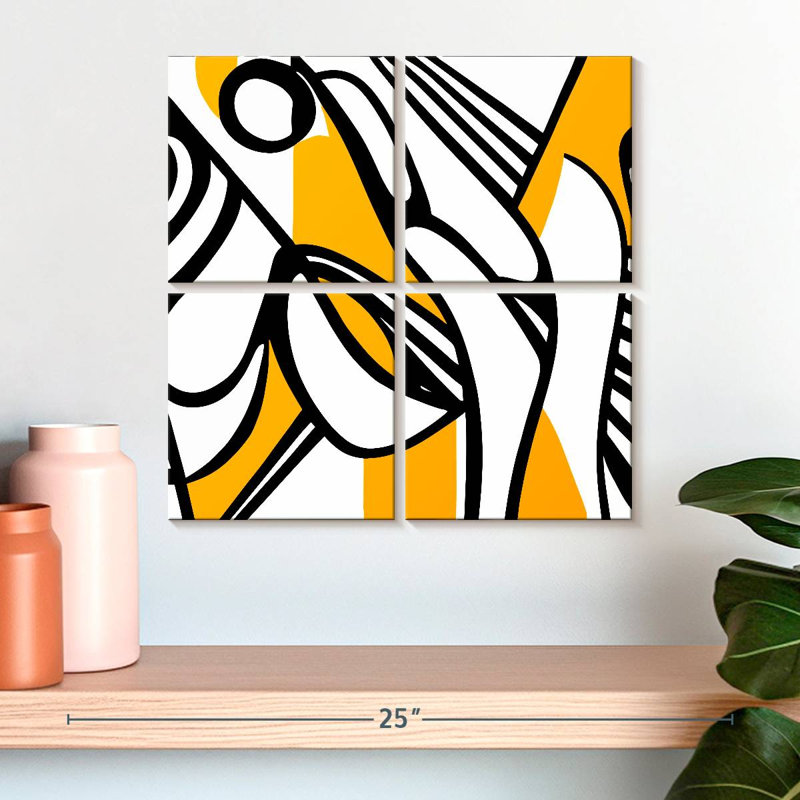 Lignes abstraites noires et jaunes, H 18 po x l 18 po