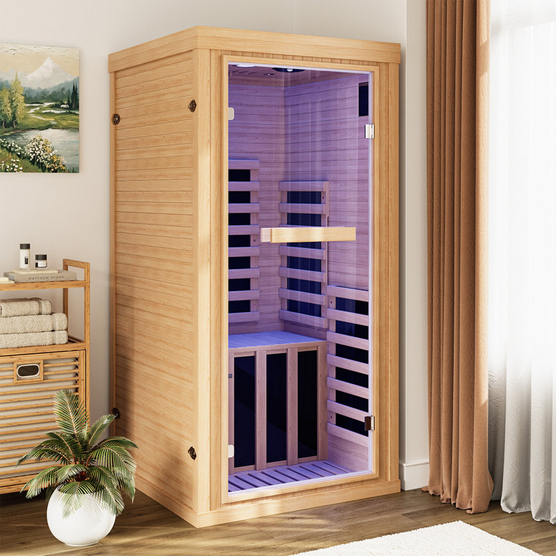 1-person Low Emf Far Infrared Sauna For Home, Canadian Hemlock Wood With Bluetooth Speakers & Chromotherapy Lighting