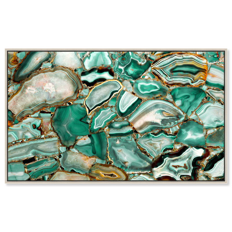 «Agate Emerald Cut Green Abstract», art mural par Art Remedy, Cadre argenté, H 37 po x l 55 po