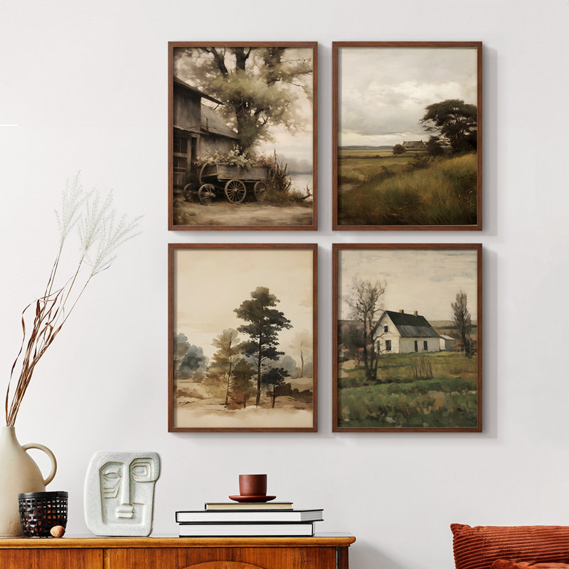 «Vintage Landscape VIII», 4 pièces sur papier, H 14 po x l 11 po, Noyer