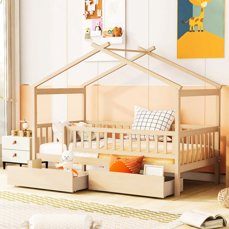 Lit simple en bois pour lit simple - Deux tiroirs peu encombrants, bois de pin massif, naturel, têtes de lit incluses avec option de rangement aspect naturel, tiroirs,