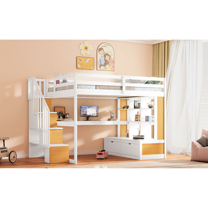Lit mezzanine double avec bureau, tablettes, tiroirs - luxe naturel blanc et escalier