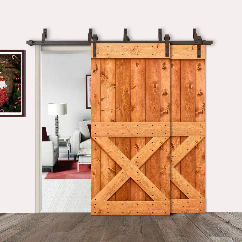 Porte de grange à double bricolage avec panneau coulissant en bois teinté Mini X Series, 40 po x 84 po, Noyer rouge