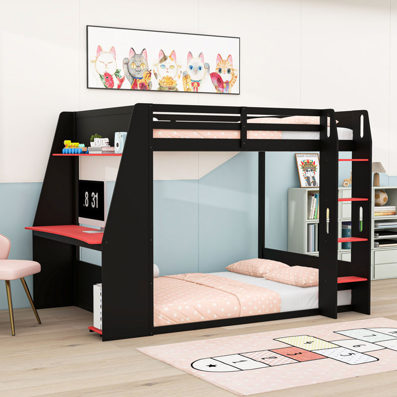 Lit superposé en bois Gamer avec bureau intégré, éclairage USB et DEL, Lit superposé double sur double, Noir rouge