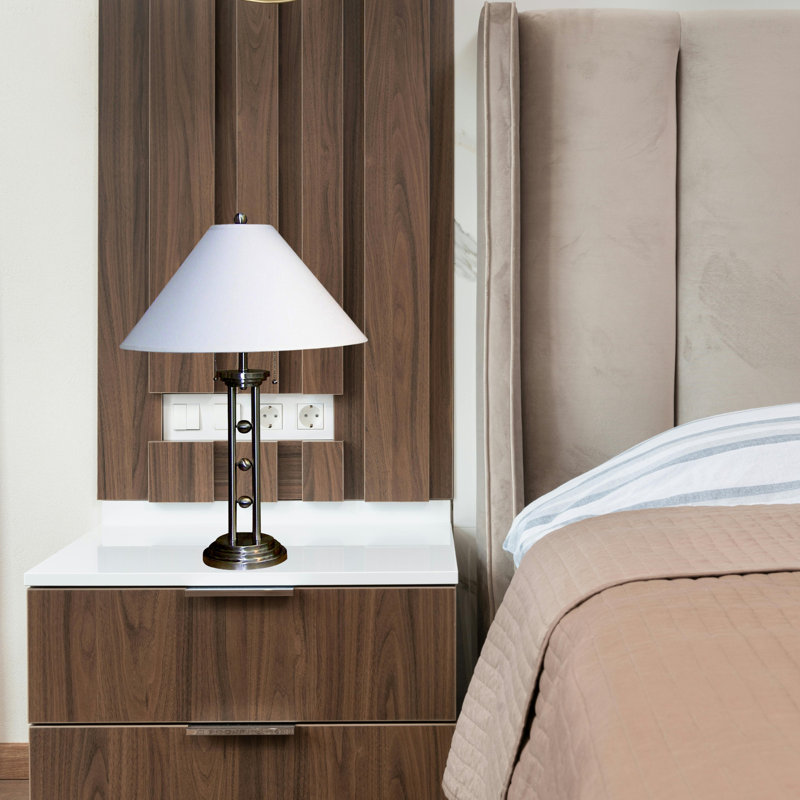 Lampe de table 27 "en métal argenté" avec finition argentée, abat-jour en lin blanc