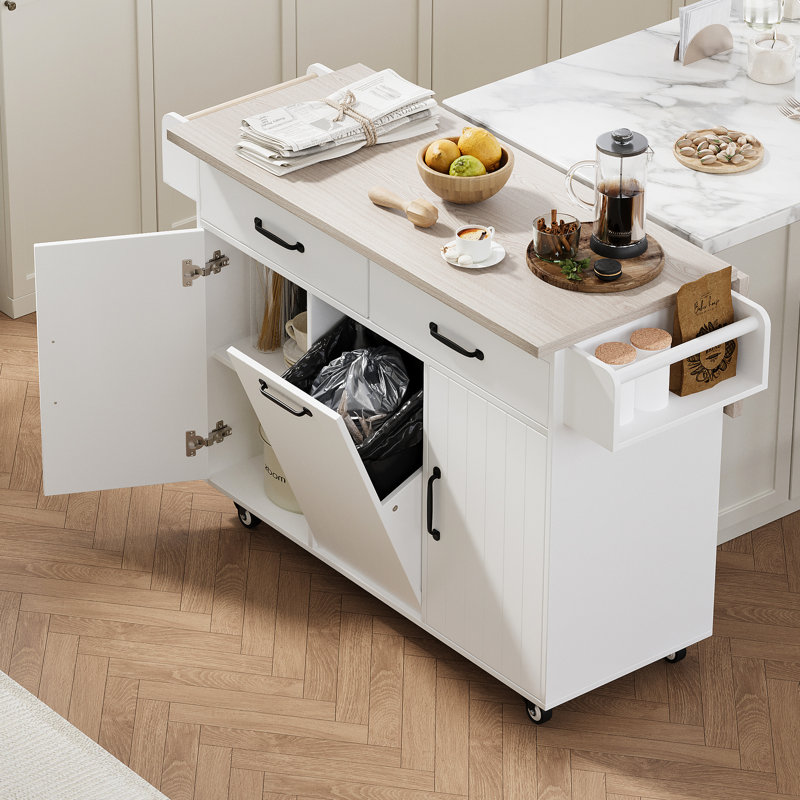 Îlot de cuisine blanc avec poubelle polyvalente, table à abattants, support à épices, barre à serviettes, étagère amovible, poubelle basculante, tiroir, armoire, tablettes, style
