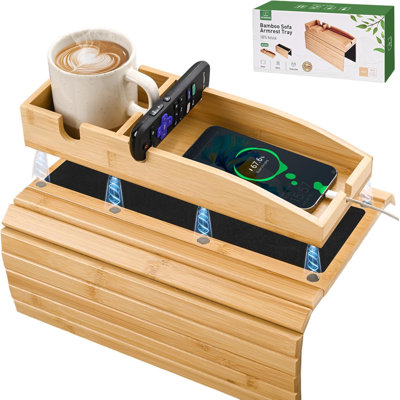 Porte-gobelet pour canapé, plateau magnétique avec accoudoirs détachables pour canapé 3-en-1, table avec accoudoirs pour canapé en bambou avec coussin antidérapant, table avec accoudoirs pour canapé (naturel)