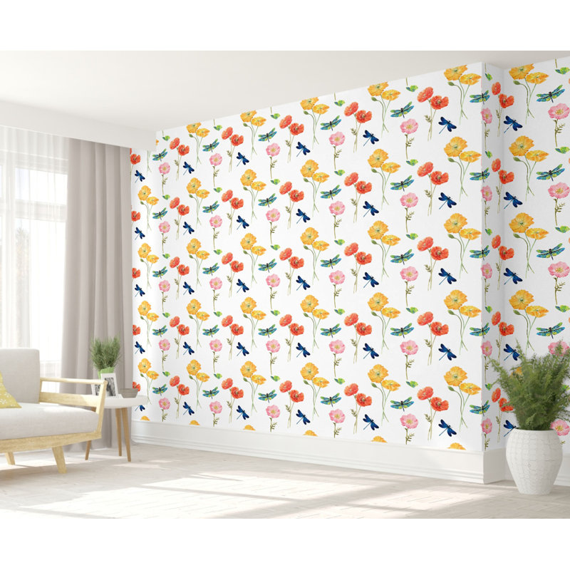 Rouleau de papier peint adhésif Poppies & Dragonflies 20,5 po de large x 18 pi de long, jaune orangé