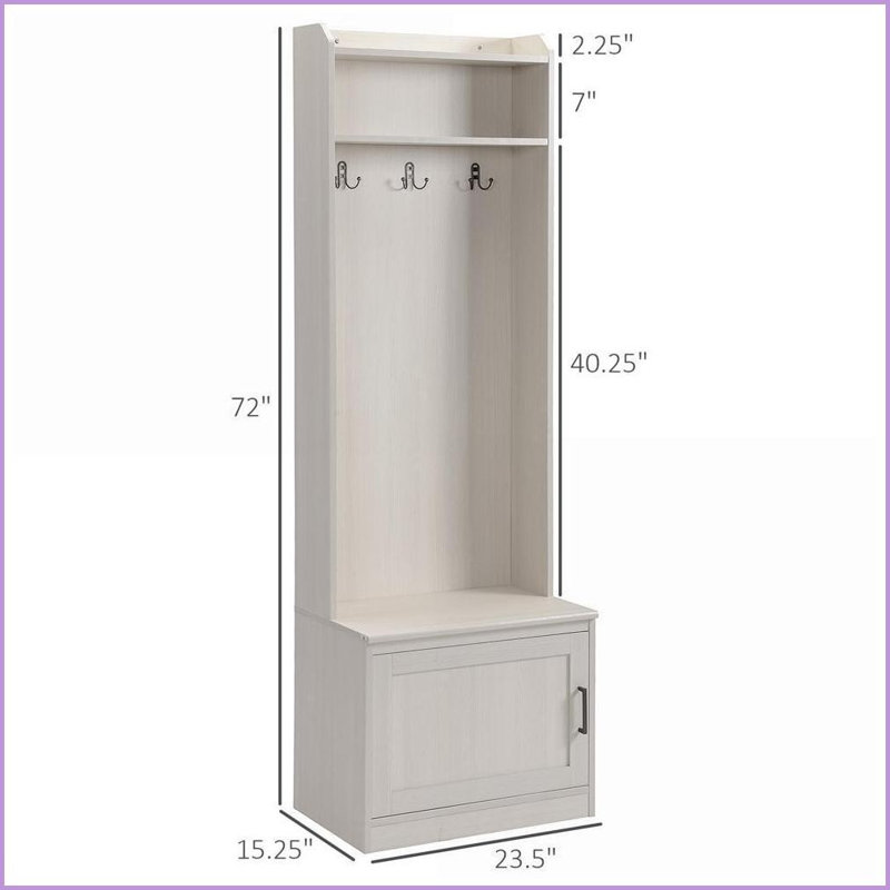 Hall Tree with Coat Rack, Rustic White Wood Grain Shoe Storage Bench &amp; Shelves | White | Particle Board