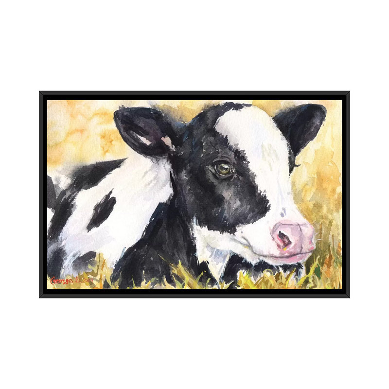 «Cow Baby», reproduction sur toile, H 18 po x l 26 po x P 1,5 po, Toile avec cadre noir, Pas de tapis