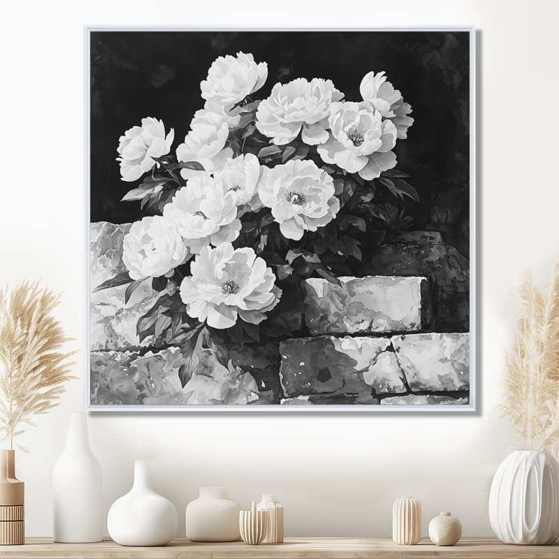 Monochromes pivoines sur le rocher II - pivoines, art mural, H 16 po x l 16 po, Impression encadrée flottante, Blanc