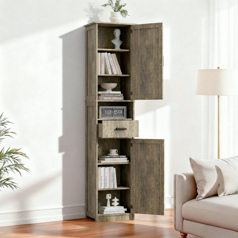 Tall Bathroom Storage Cabinet, Narrow Slim Freestanding Floor Cabinet With Adjustable Shelves For Home Office, Bathroom, Living Room, Entryway, Kitchen, Small Spaces