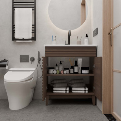 Meuble-lavabo de style Mid-Century de 30 pouces avec portes à persiennes et lavabo intégré pour un design moderne et fonctionnel