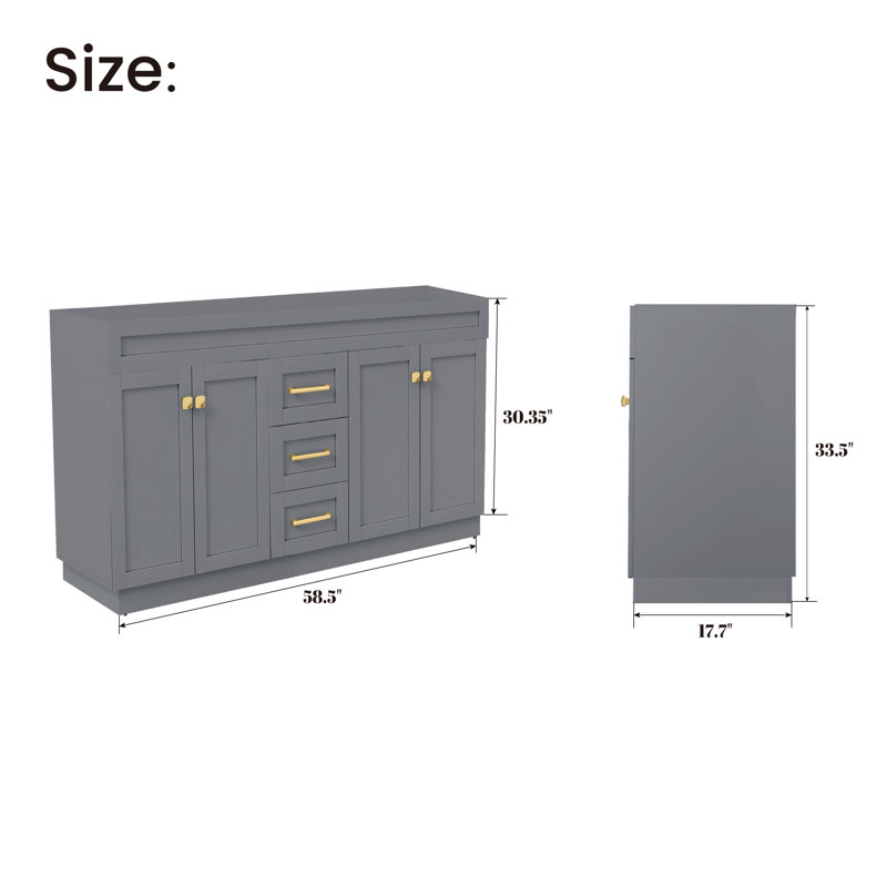 Base de meuble-lavabo moderne 60 po sans comptoir non assemblée, Gris, Doré