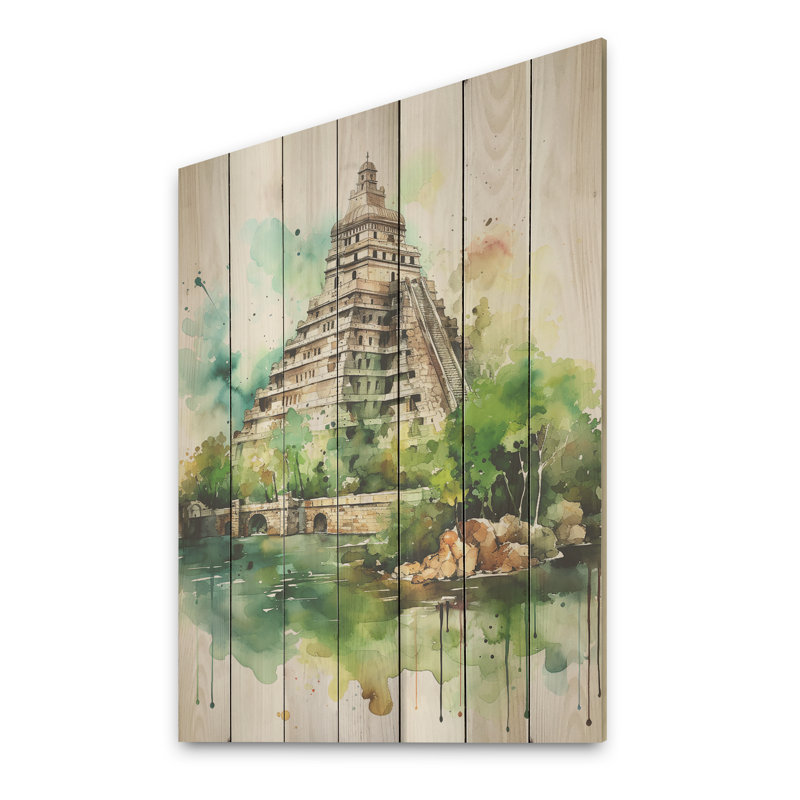Chichen Itza, art mexicain II - art mexicain sur bois, H 20 po x l 10 po