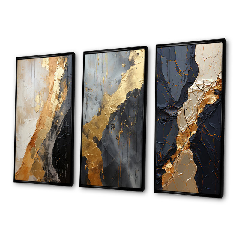 Minimalism Chrome Gold And Black Poteries, H 28 po x l 36 po, Cadre flottant noir