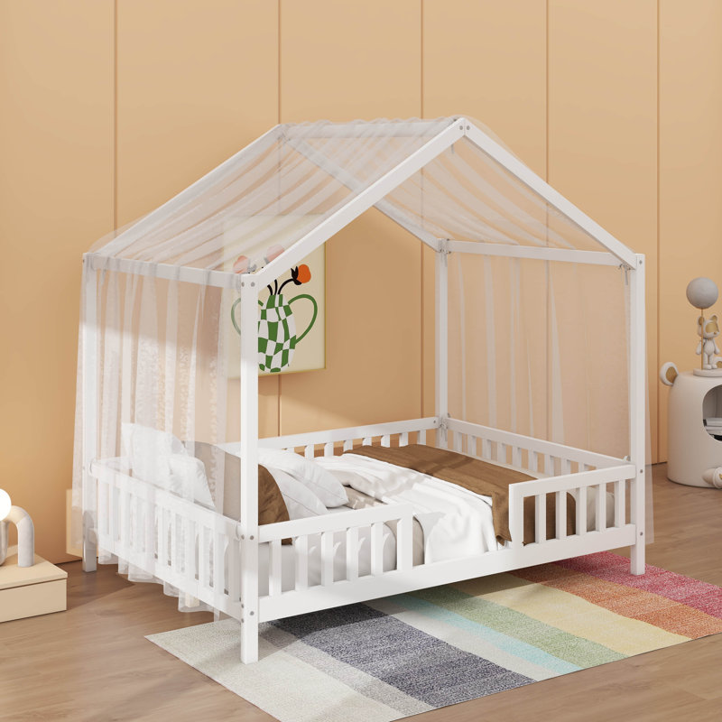 Full Bed Frame For Kids, House Shape Toddler Bed Frame With High Railings, White