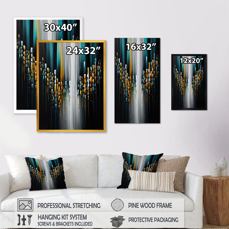 Abstrait géométrique noir et vert V - reproduction sur toile, H 32 po x l 24 po x P 1 po, Toile avec cadre flottant noir