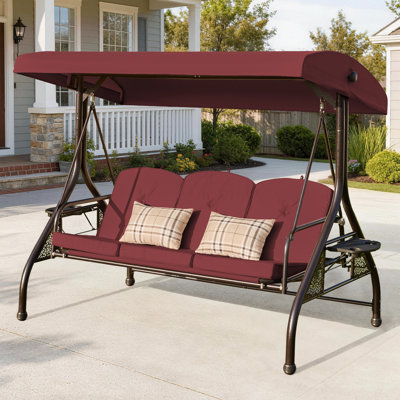 Upgraded 3-Person Convertible Outdoor Porch Swing with Canopy, 180° Adjustable Backrest, Cushions, Pillows, and Cup Holders(Round Tube,Red)