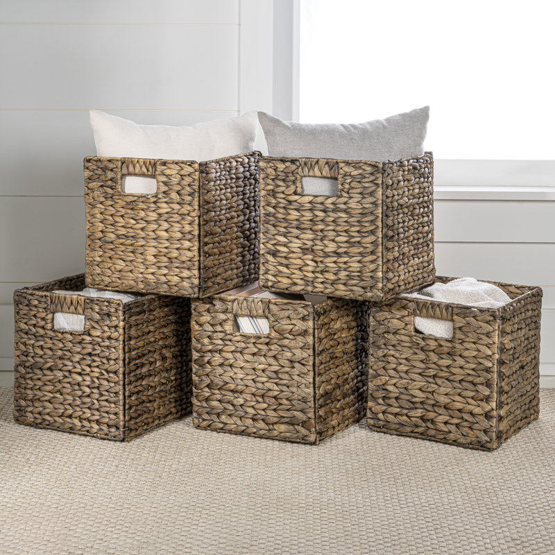 Burtrum Classic Farmhouse Handwoven Hyacinth Collapsible Storage Cube Baskets with Handles, 10.63" H x 10.63" W x 10.63" D