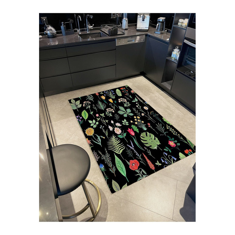 Tapis noir lavable à motif floral noir, Tapis de couloir 3 pi 3 po x 6 pi 7 po inclus