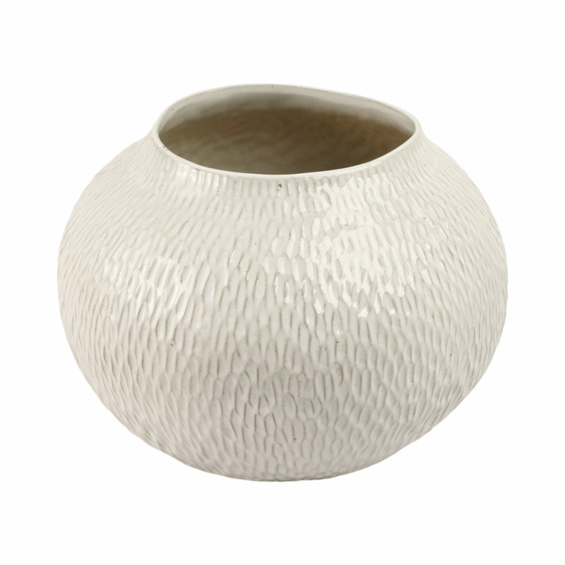 Vase texturé en céramique blanc cassé - Vase rond décoratif pour décoration moderne, H 10 po x l 12,75 po x P 12,75 po