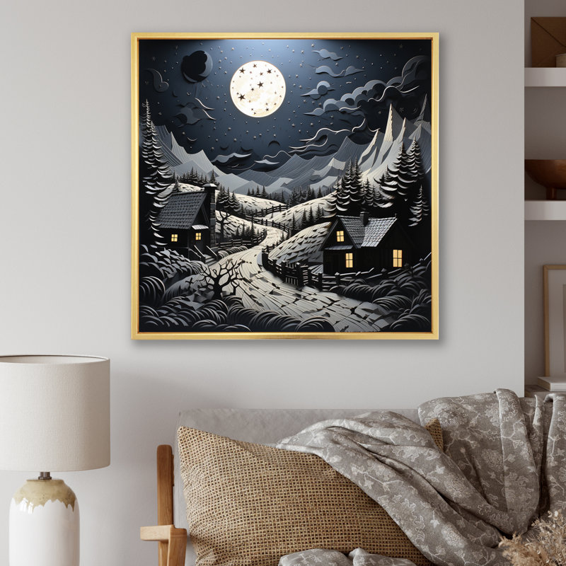 " Landscape Barn By Moonlight III ", 24" H x 24" D x 1" D, Gold Floater Framed