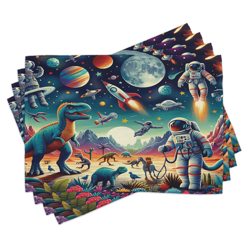 Multicolor Teal Red Polyester Space and Dinosaur Placemat Set