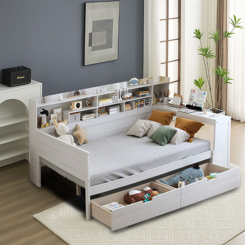 Classic Wooden Storage Daybed with Bookcase, a Side Armrest Table, and Two Under-Bed Drawers, Twin, Antique White