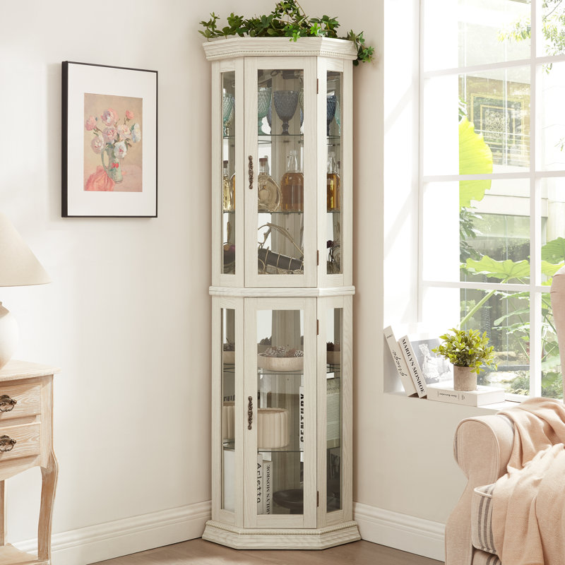 Vitrine de coin lumineuse - présentoir en verre avec portes en verre trempé, tablettes réglables, Blanc
