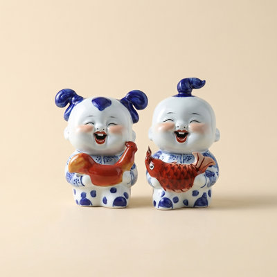 Blue & White Porcelain Laughing Doll Figurines, Set of 2 – Hand-Painted Chinoiserie Sculpture for Home Decor