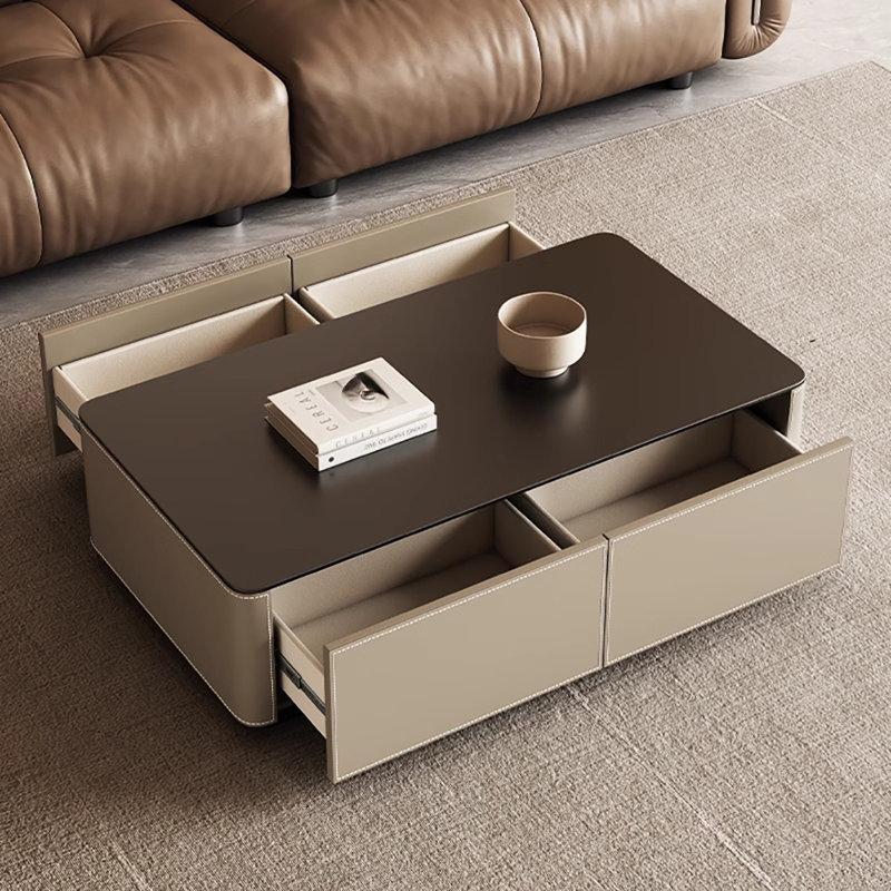 Saddle leather rectangular rock plate end table, 15" H x 55.1" L x 31.5" W