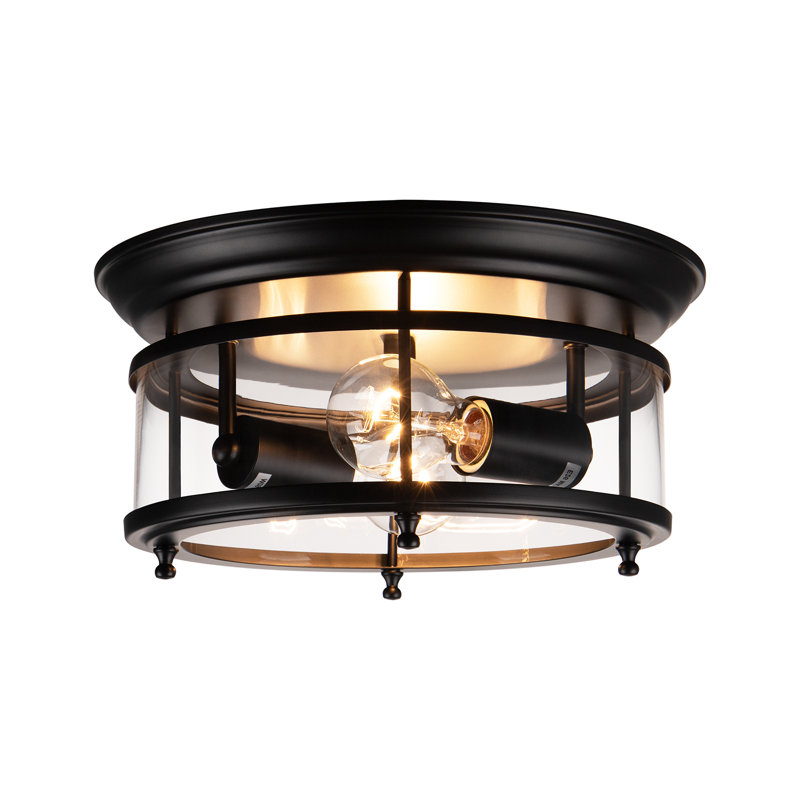 Plafonnier tambour en fer forgé noir 12 po Tamella avec abat-jour en verre transparent
