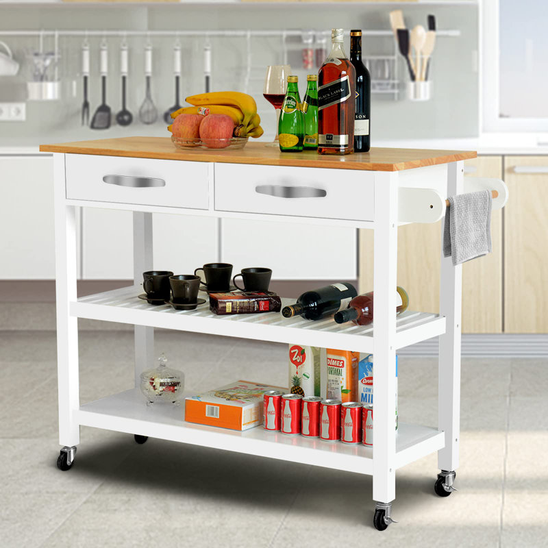 Bemott 45" Kitchen Island Cart with Wheels, Spacious Tabletop & 2 Drawers & Open Storage Shelves, White