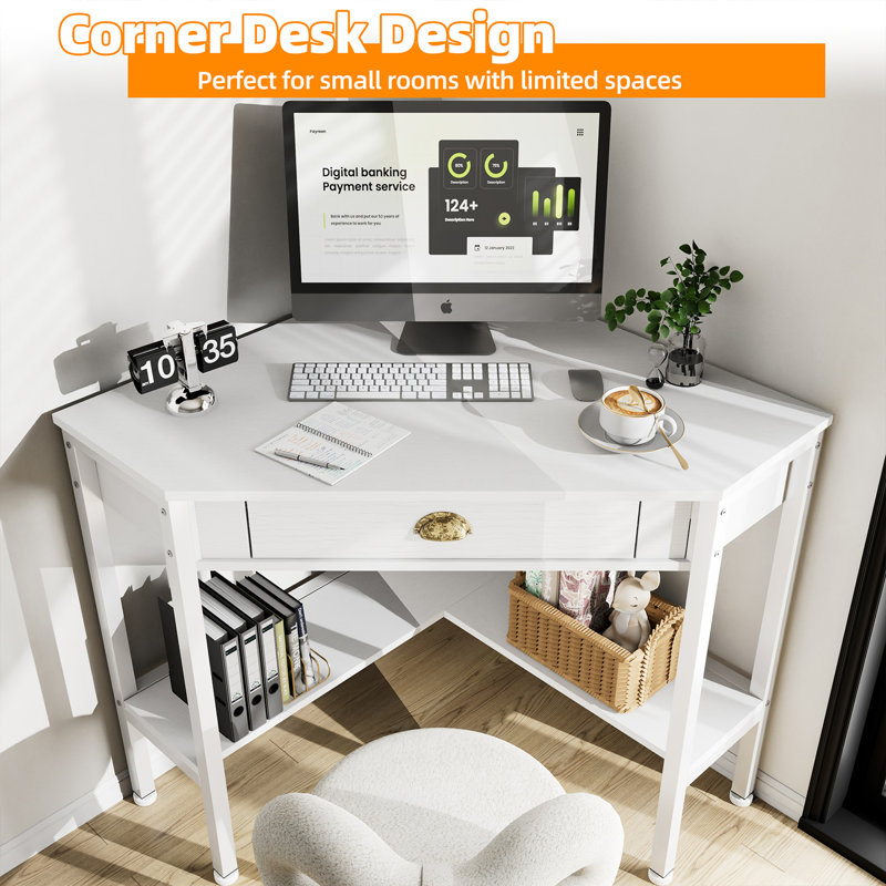 Corner Desk Small Desk for Small Space, Corner Computer Desk Triangle Desk for Home Office, White