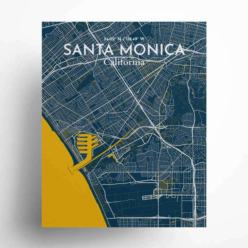 Santa Monica, carte de la ville, impression, H 20 po x l 16 po, Bleu / Jaune
