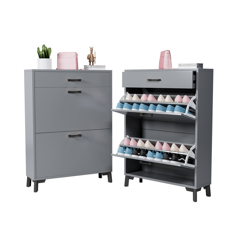 Armoire de rangement de chaussures grise pour le vestibule, organisateur de chaussures autoportant avec 2 tiroirs rabattables, étagère à chaussures dissimulée pour placard de porte d'entrée