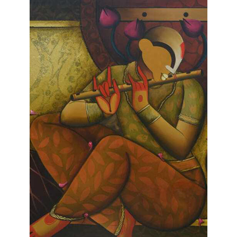 Harmonious Ensemble Acrylic Painting on Canvas – 36"x78" Contemporary Indian Musical Art by Anupam Pal