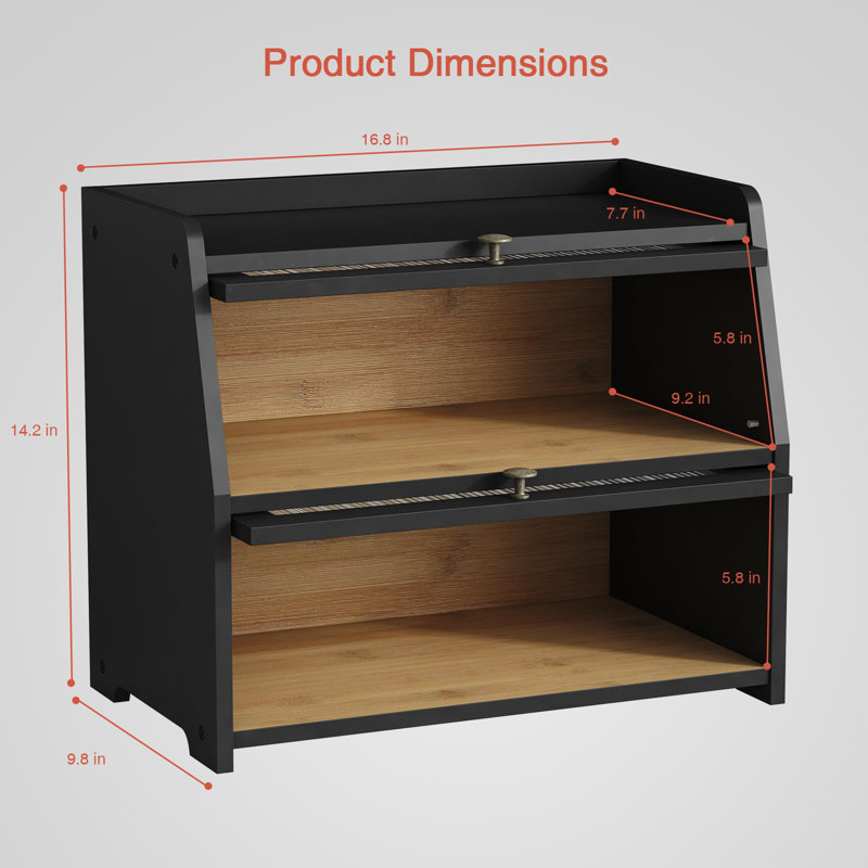 Large Double‑Layer Black Bread Box, Farmhouse Storage Organizer for Kitchen Counter Pantry Cabinet