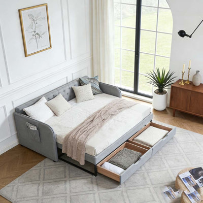 Twin Size Upholstery Daybed with Trundle Bed and Two Storage Drawers , Flat Arms with Pocket