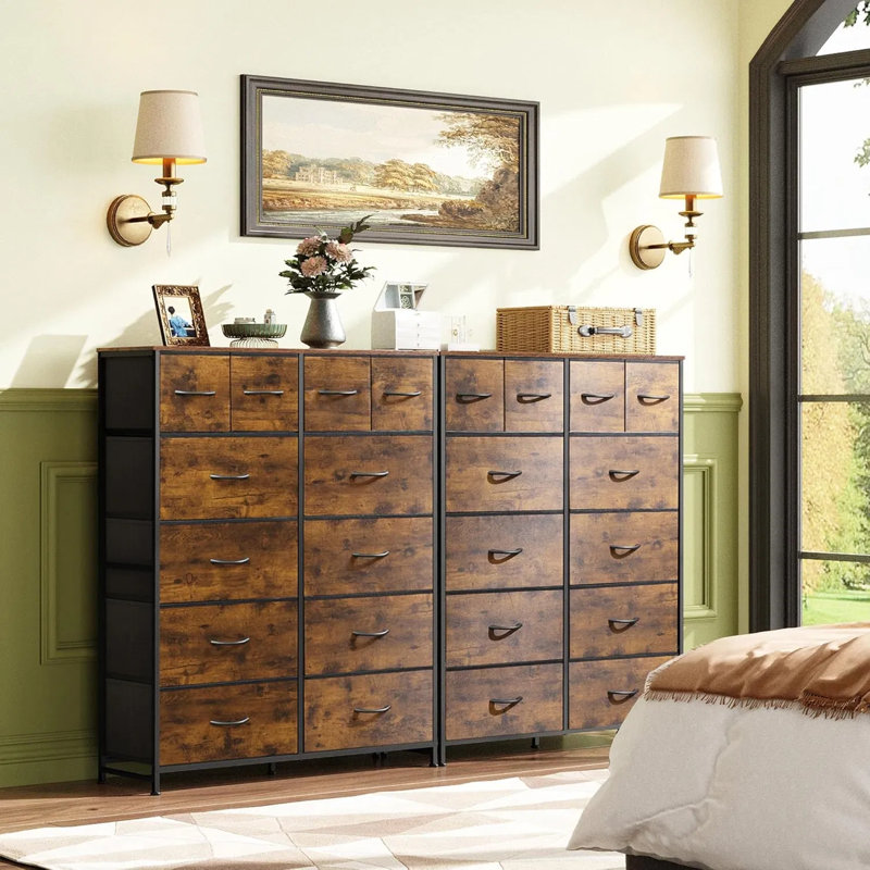 Grande commode pour chambre à coucher avec 12 tiroirs - Commode de rangement en tissu et commode pour placard, salon avec structure en acier et plateau en bois