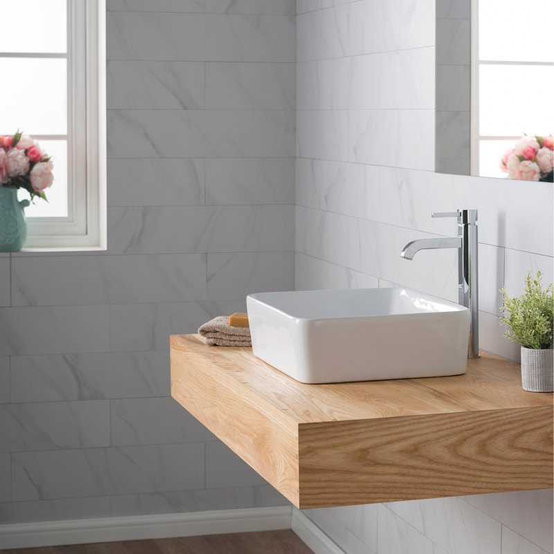 Ceramic Rectangular Vessel Bathroom Sink with Faucet, Chrome
